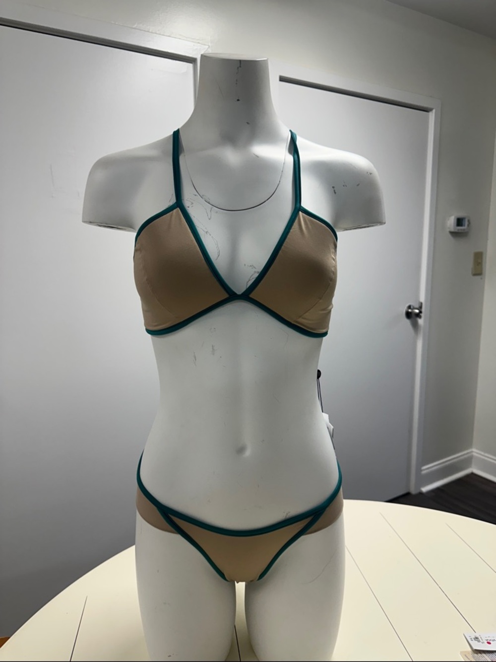 Beige Bikini with Teal Trim - Women’s Two-Piece Swim Set